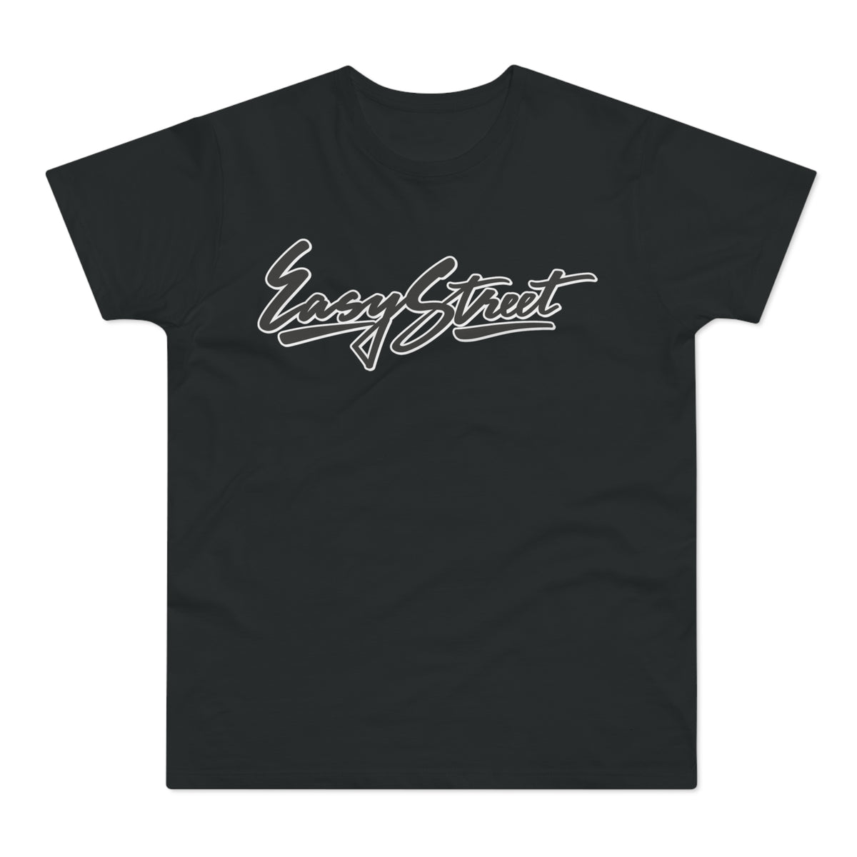 Black t-shirt with white "Easy Street" cursive graphic.