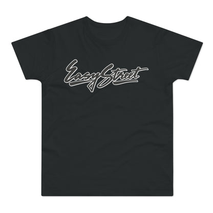 Black t-shirt with white "Easy Street" cursive graphic.