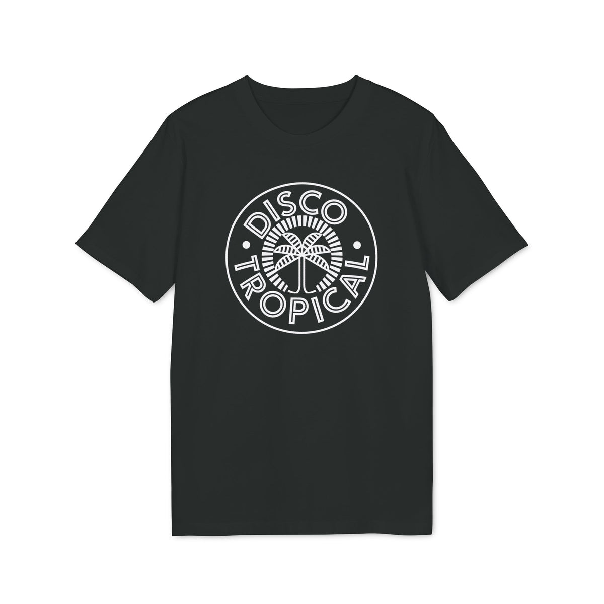 Black crewneck t-shirt featuring a white circular graphic with a palm tree and Disco Tropical text.