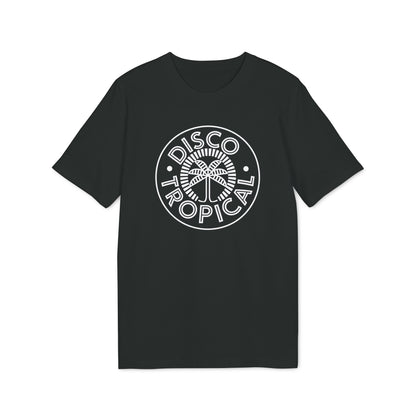 Black crewneck t-shirt featuring a white circular graphic with a palm tree and Disco Tropical text.