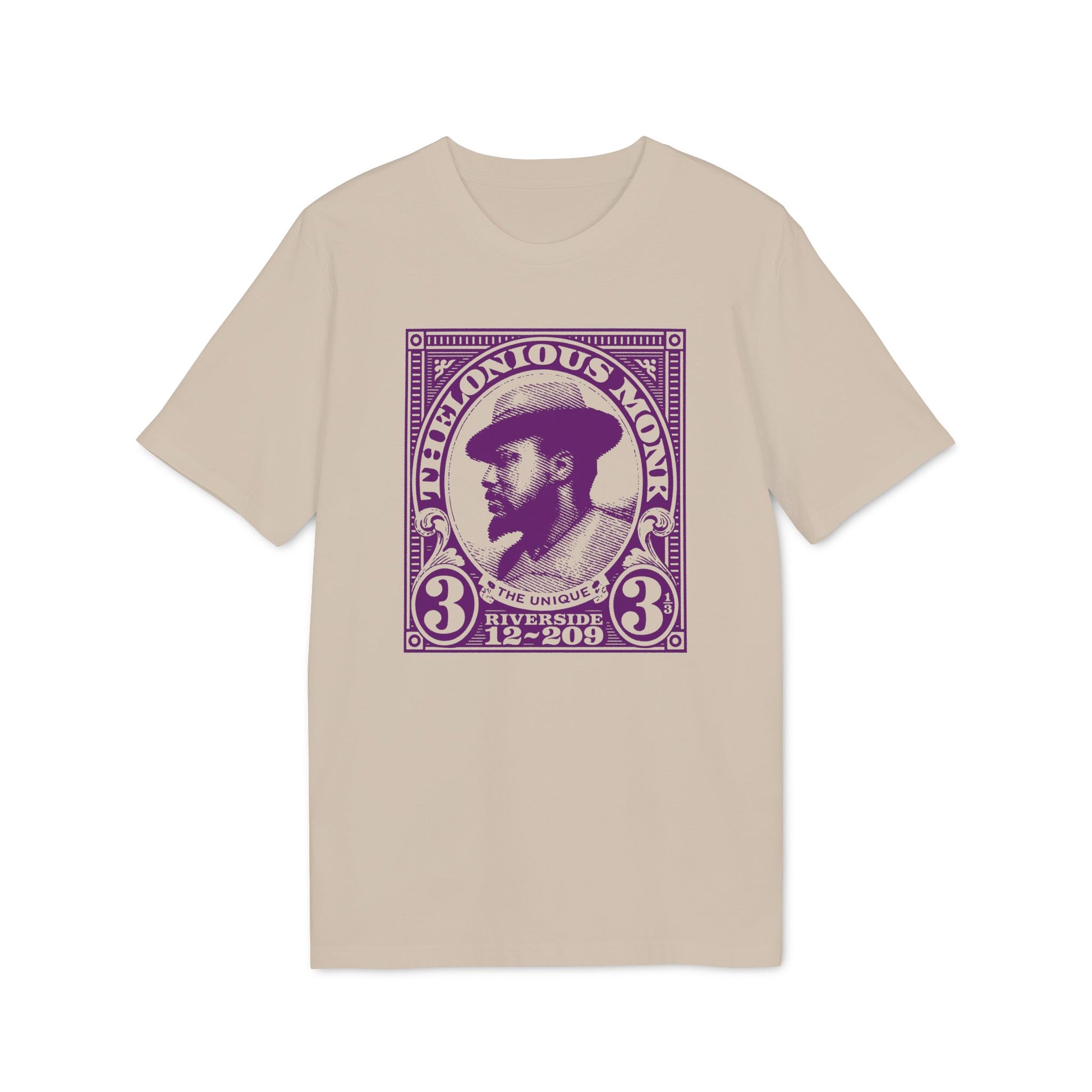 Thelonious Monk portrait on beige t-shirt with "The Unique" and "Riverside 12-209".