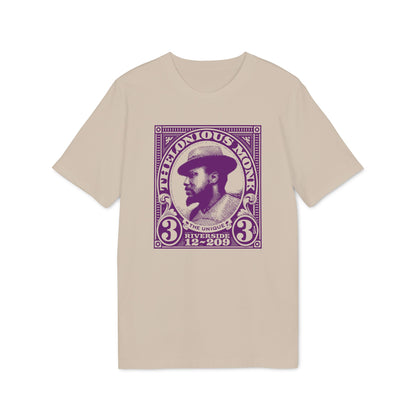 Thelonious Monk portrait on beige t-shirt with "The Unique" and "Riverside 12-209".