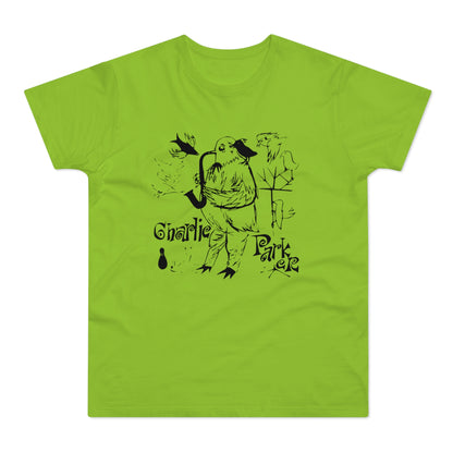 Black ink drawing on lime green t-shirt features bird playing saxophone and text "Charlie Parker".