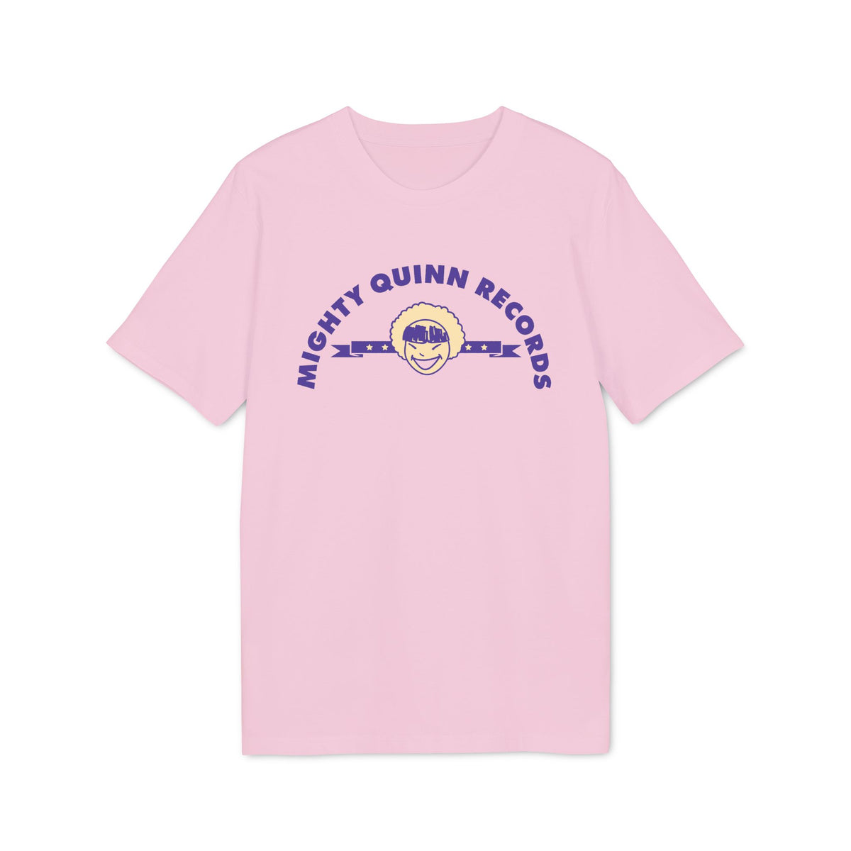 A short-sleeved light pink t-shirt with the purple text "Mighty Quinn Records" and a cartoon character graphic on the chest.