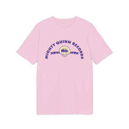 A short-sleeved light pink t-shirt with the purple text "Mighty Quinn Records" and a cartoon character graphic on the chest.