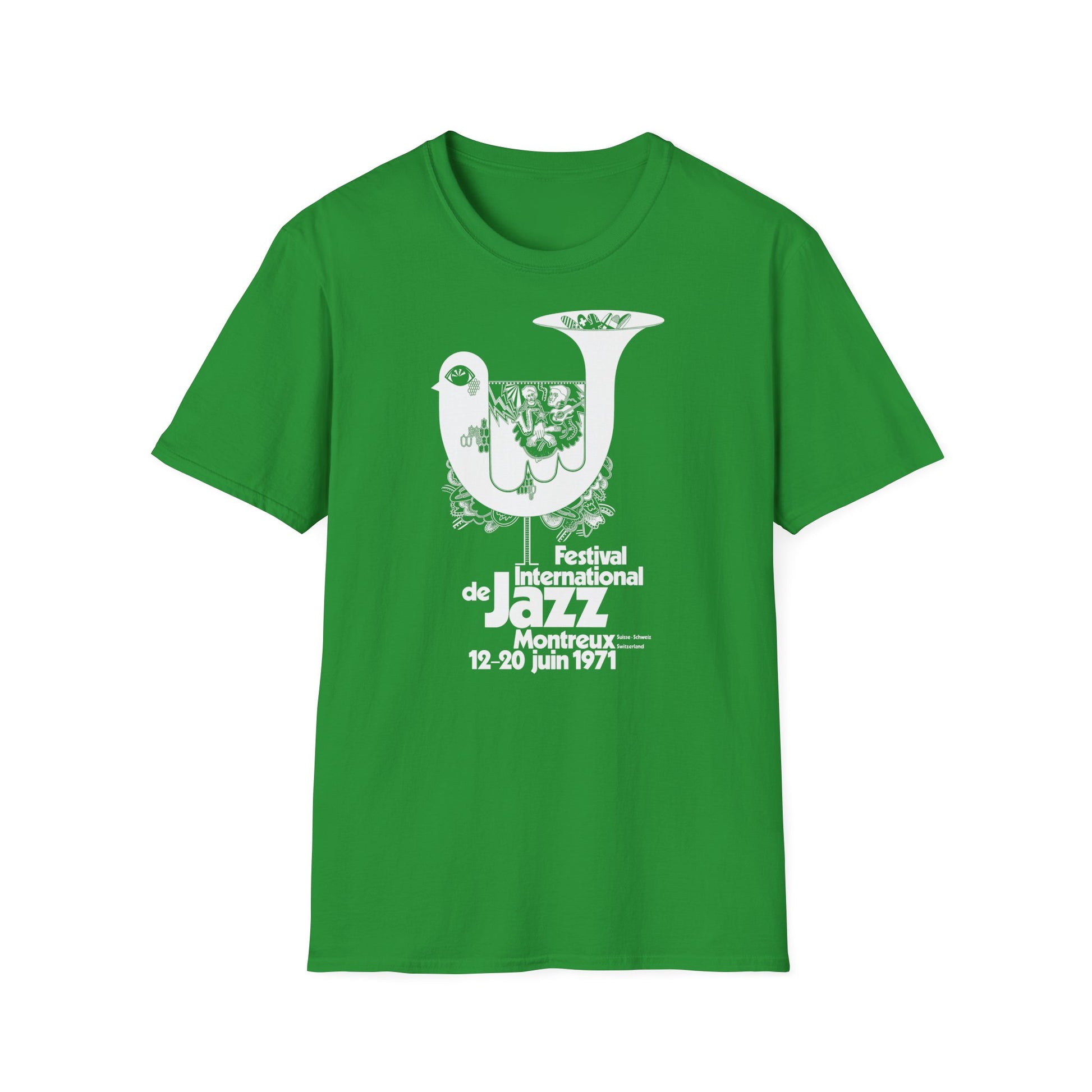 Green t-shirt with white text and graphic for Montreux Jazz Festival 1971.
