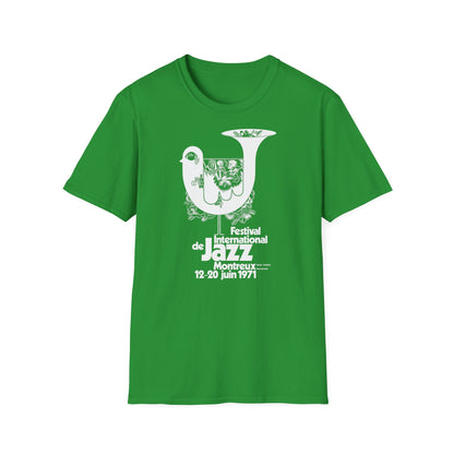 Green t-shirt with white text and graphic for Montreux Jazz Festival 1971.