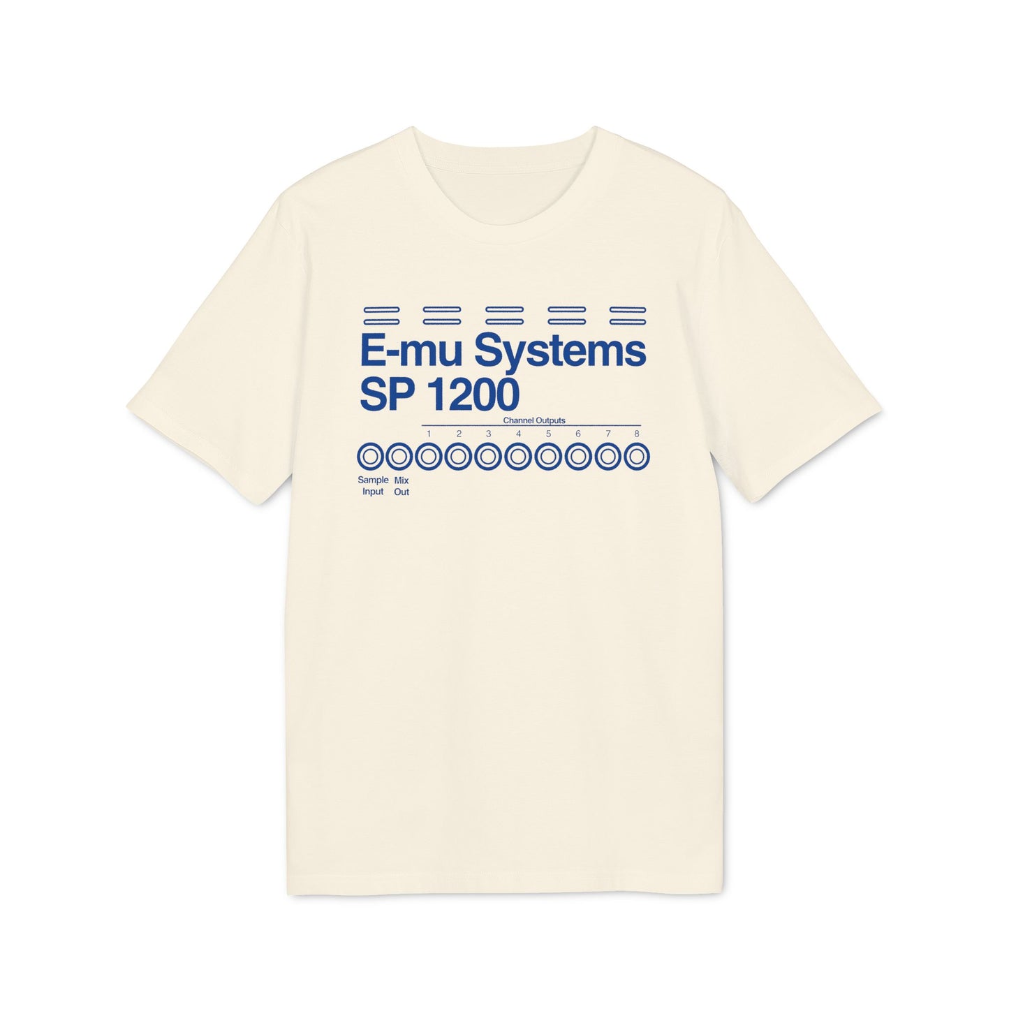 Cream t-shirt with "E-mu Systems SP 1200" and channel outputs graphic.