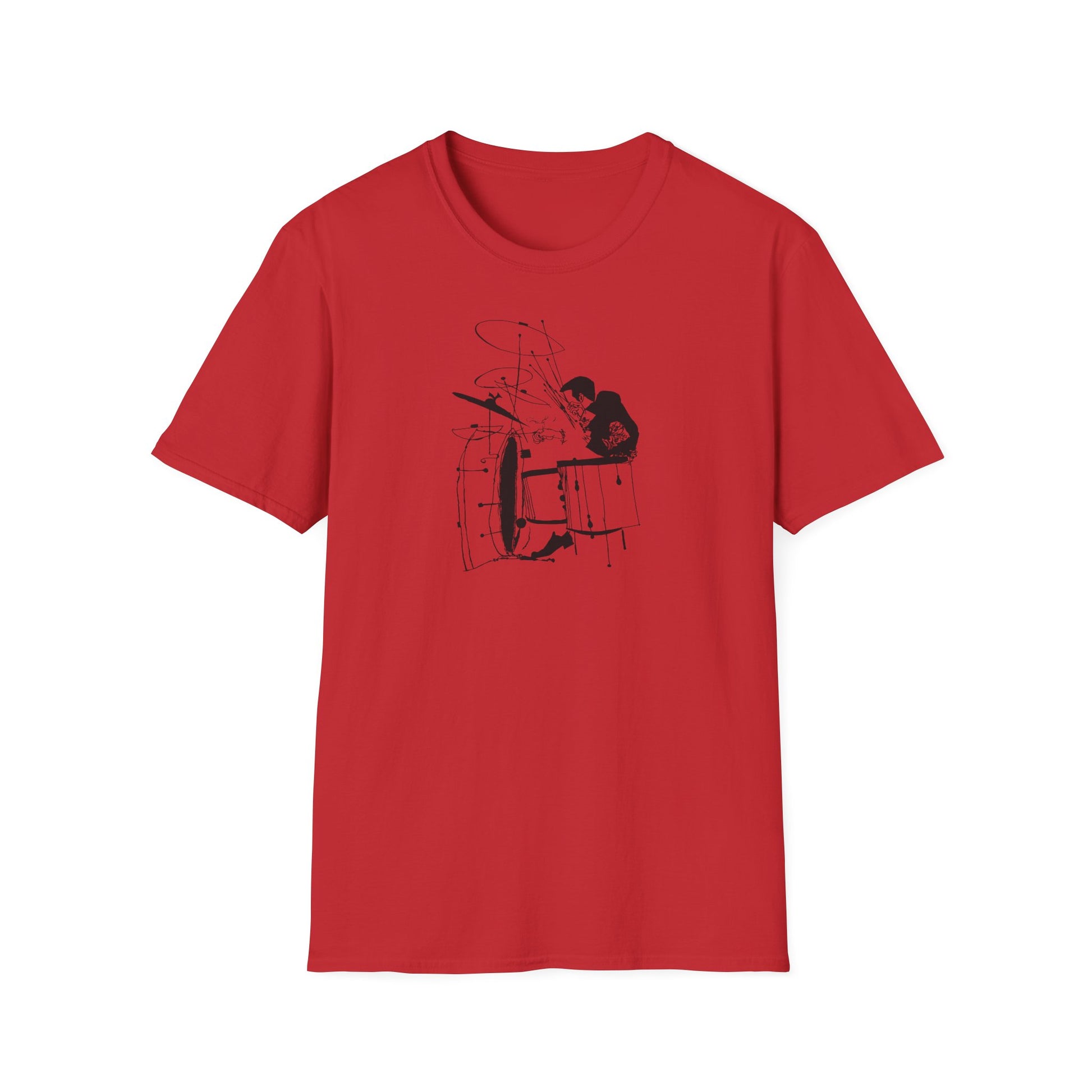 Red t-shirt with a black line drawing of a drummer and drum set.