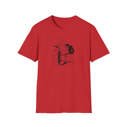 Red t-shirt with a black line drawing of a drummer and drum set.