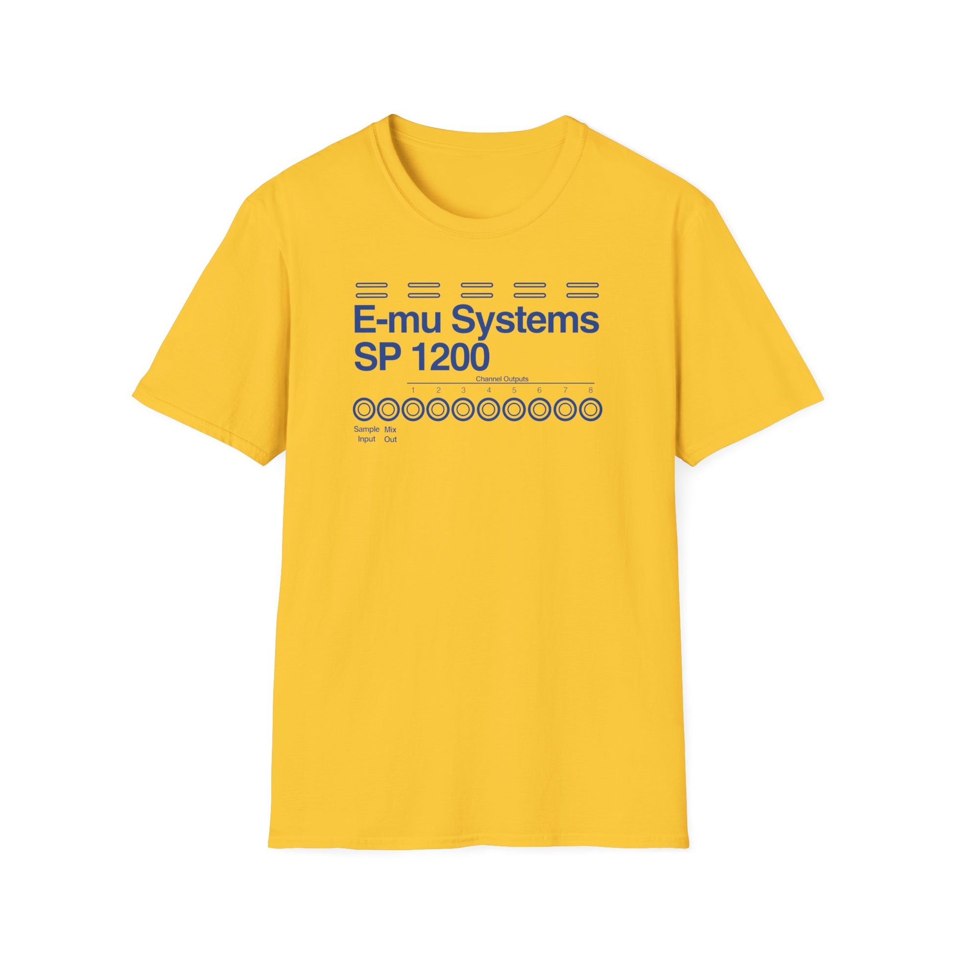 Yellow t-shirt with E-mu Systems SP 1200 logo and channel outputs.