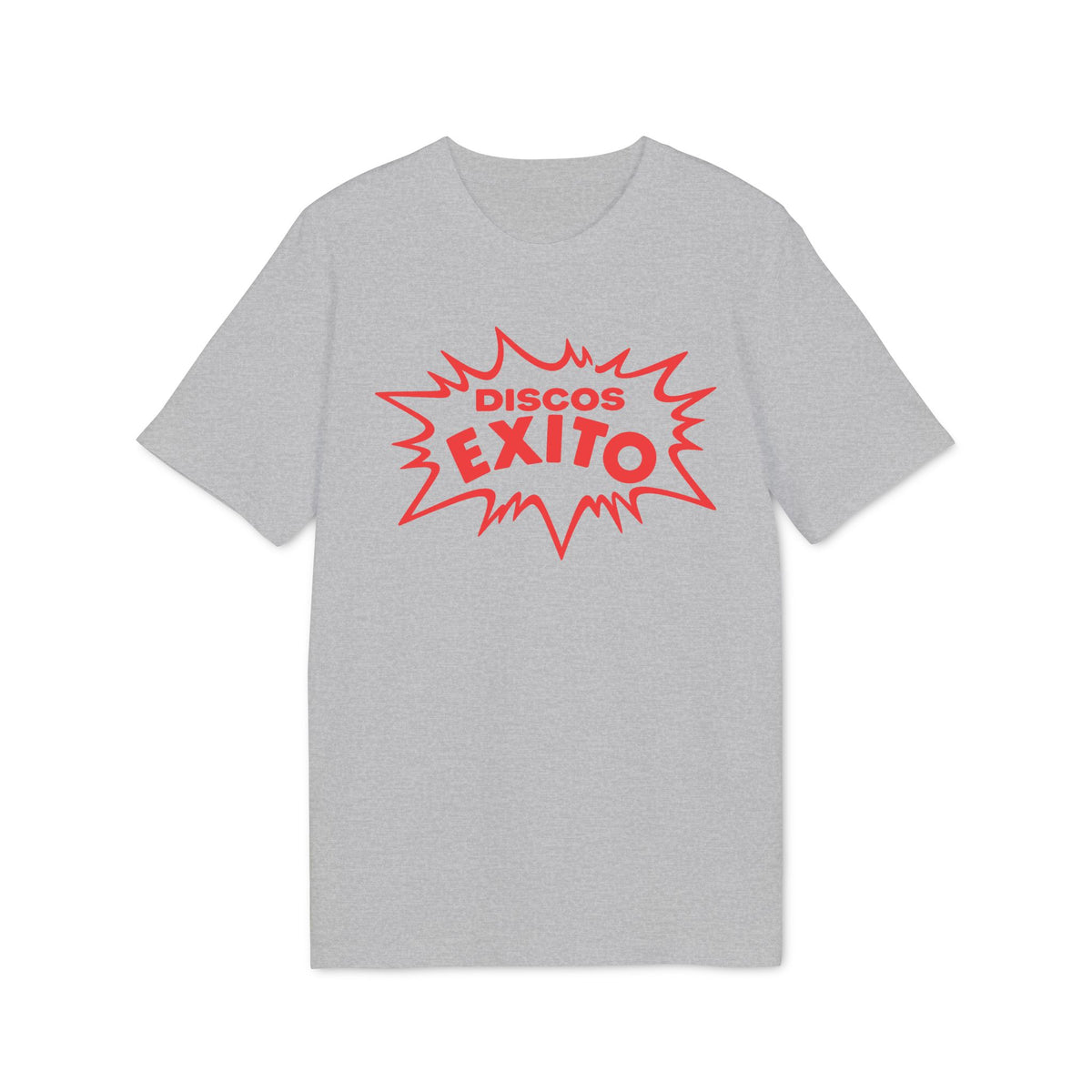 Heather gray crewneck t-shirt featuring a red comic-style graphic with the text Discos Exito.