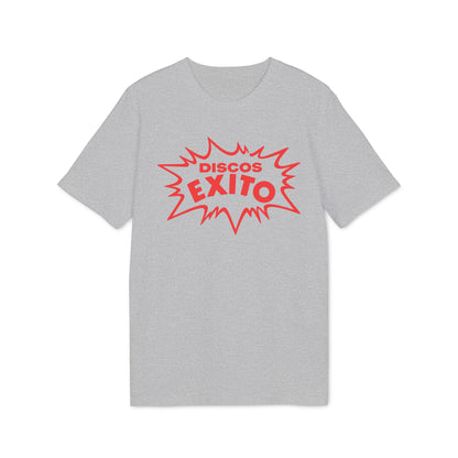 Heather gray crewneck t-shirt featuring a red comic-style graphic with the text Discos Exito.