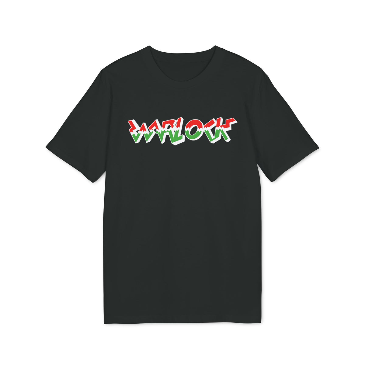 A black t-shirt featuring the word Warlock printed in red, white, and green block letters.