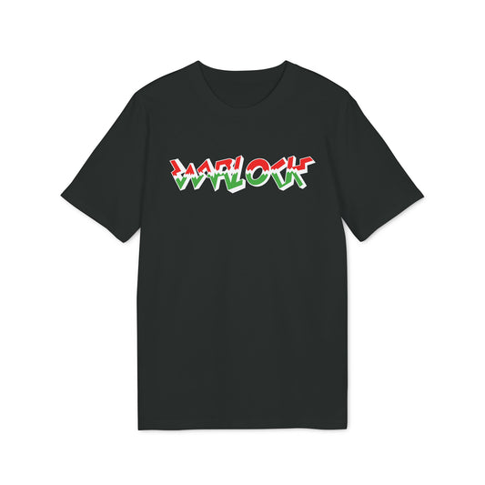 A black t-shirt featuring the word Warlock printed in red, white, and green block letters.
