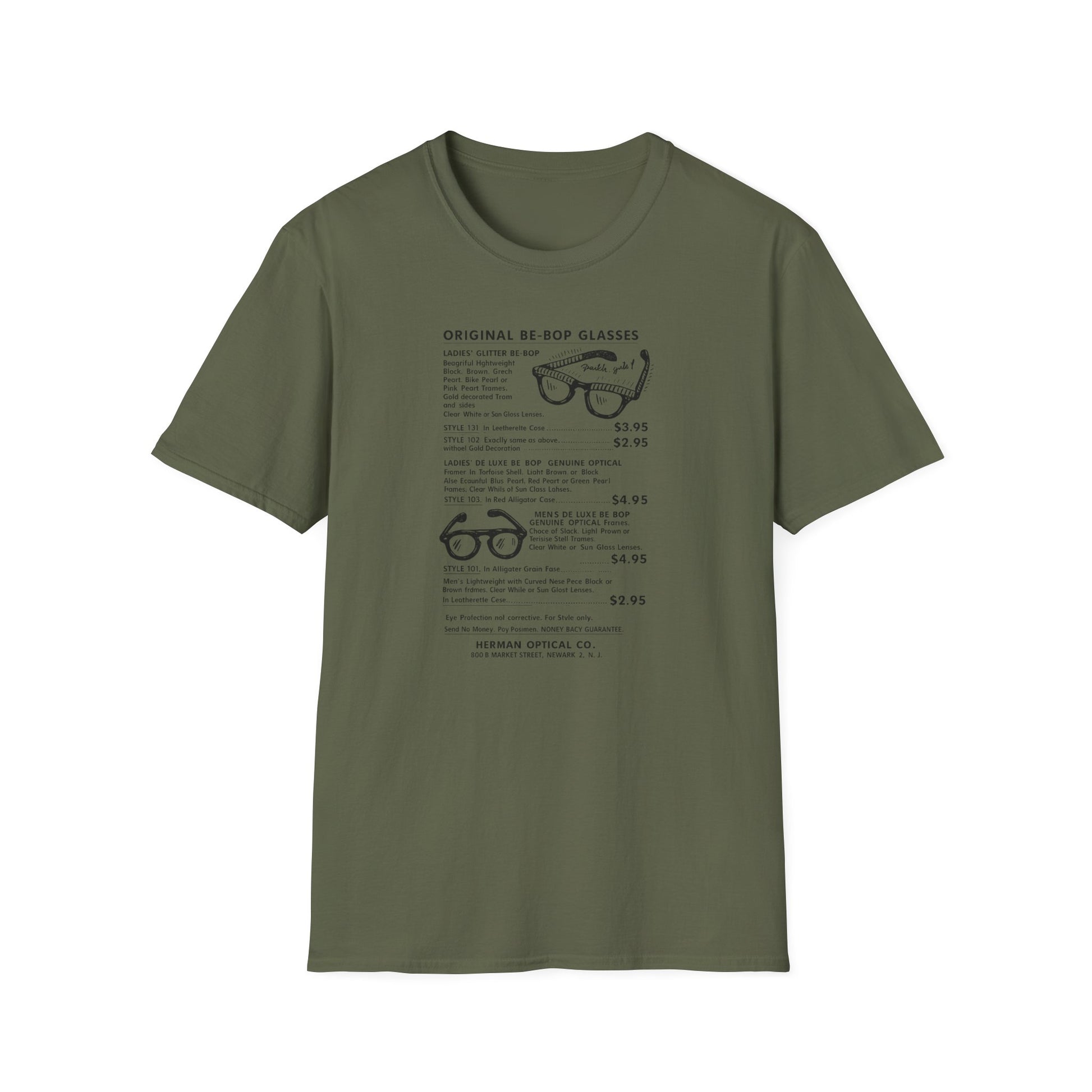 Olive green t-shirt with text detailing Original Be-Bop Glasses styles and prices.