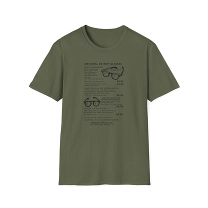 Olive green t-shirt with text detailing Original Be-Bop Glasses styles and prices.