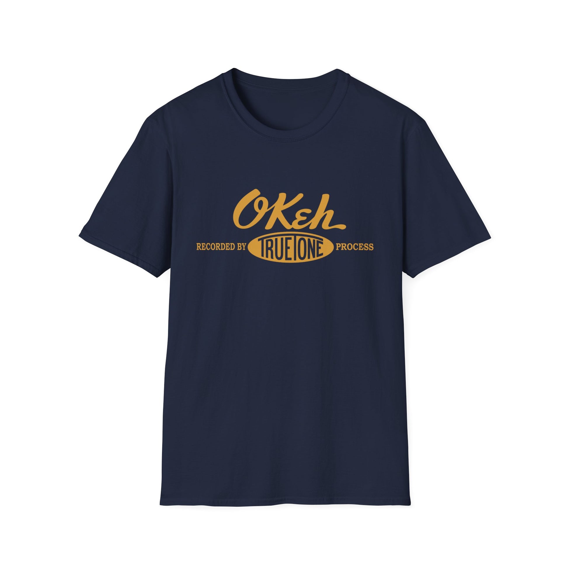 Navy t-shirt with yellow text reading "Okeh Recorded by True Tone Process."