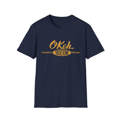 Navy t-shirt with yellow text reading "Okeh Recorded by True Tone Process."