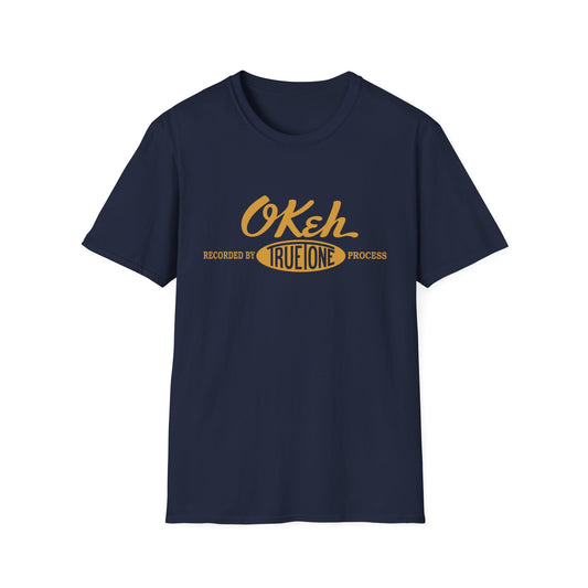 Navy t-shirt with yellow text reading "Okeh Recorded by True Tone Process."