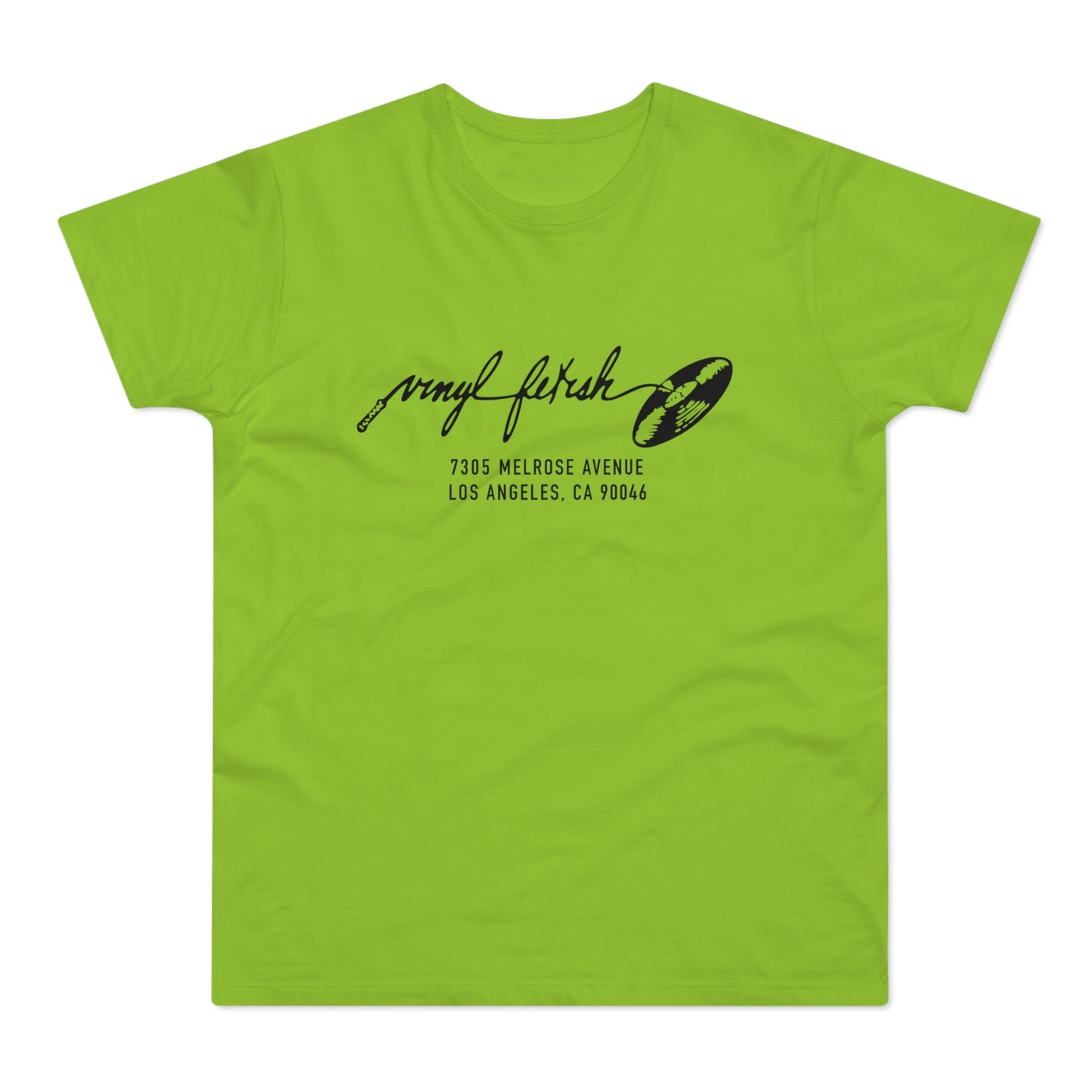 Lime green t-shirt with "Vinyl fetish" logo and Los Angeles address.