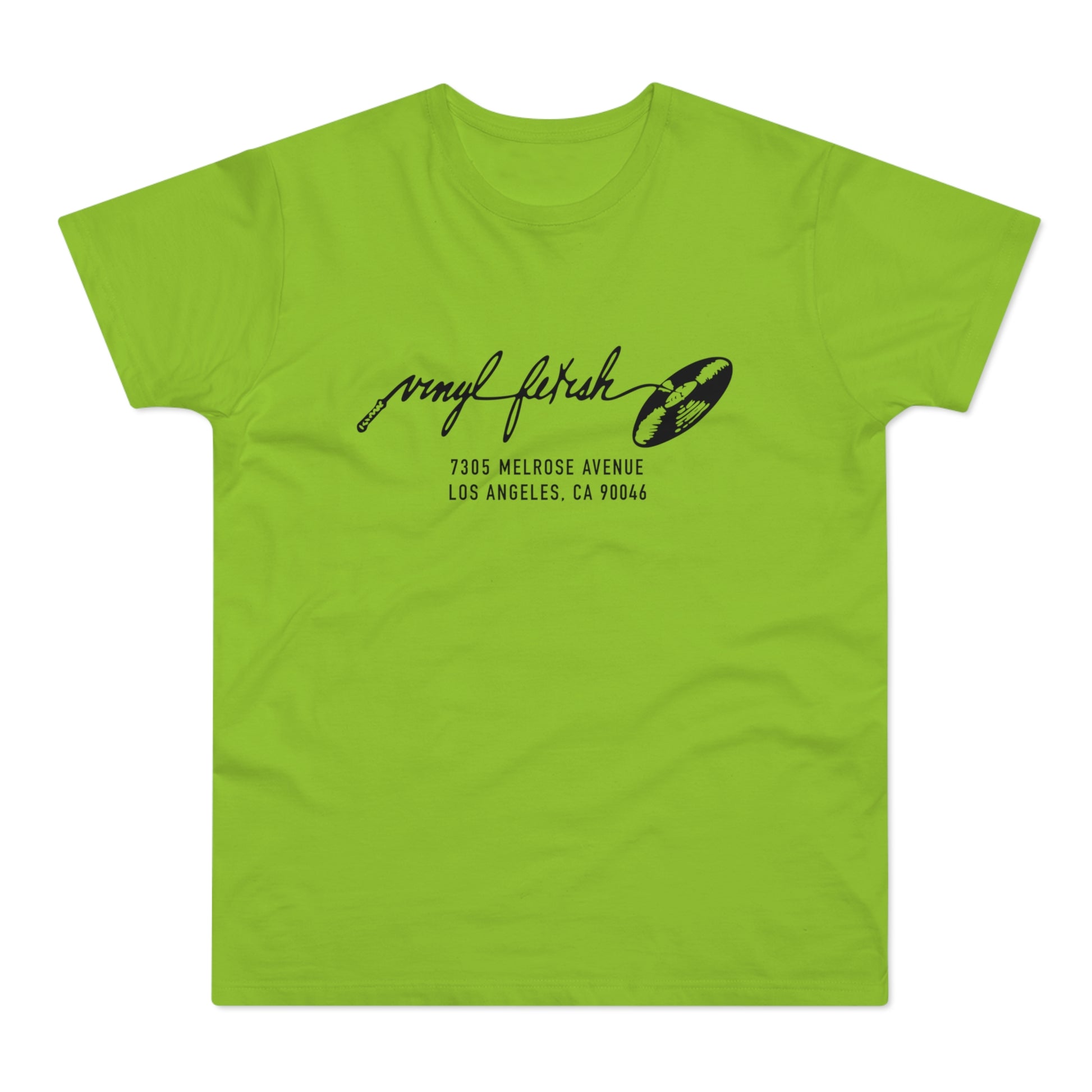 Lime green t-shirt with "Vinyl fetish" logo and Los Angeles address.