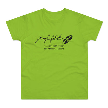Lime green t-shirt with "Vinyl fetish" logo and Los Angeles address.