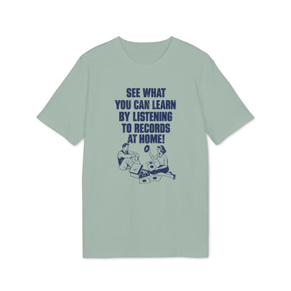 A sage green short-sleeved t-shirt featuring blue vintage-style text and a graphic of a couple with records.