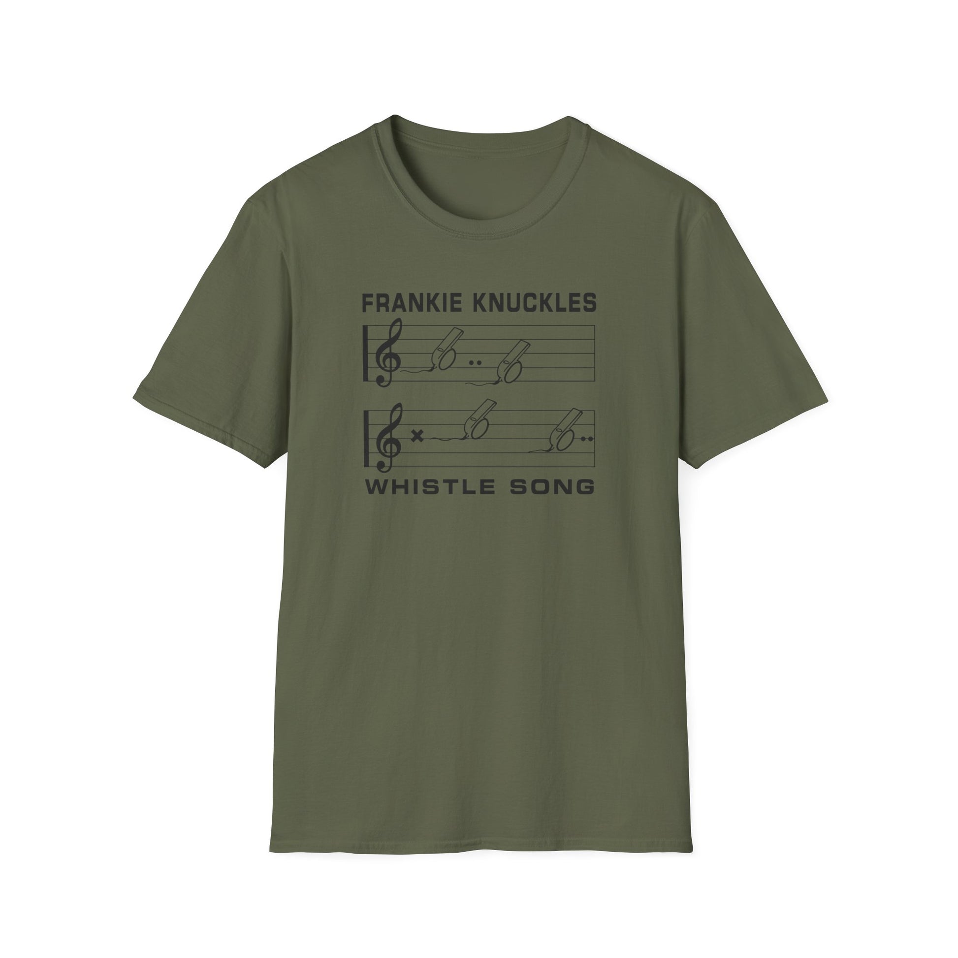Green t-shirt with Whistle Song musical notes graphic.