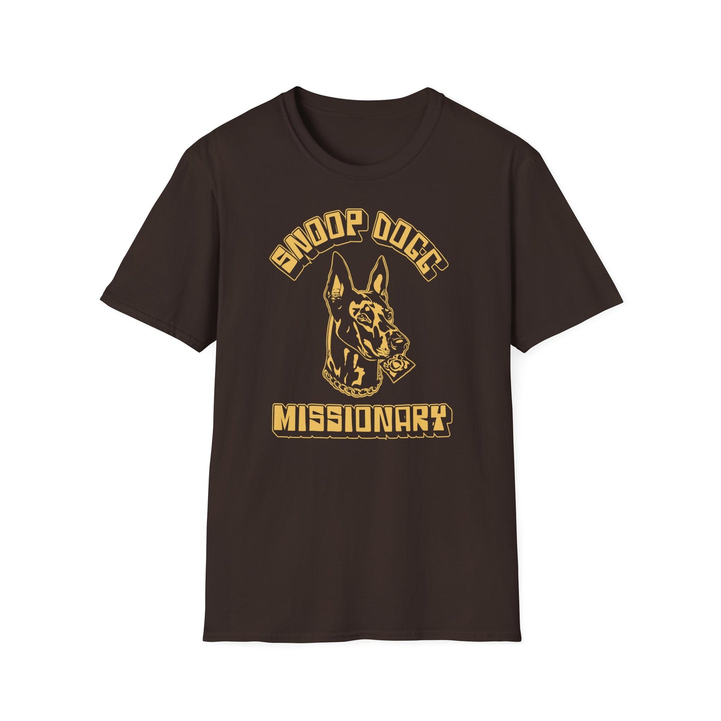 Brown t-shirt with logo featuring a dog holding a condom and "MISSIONARY" text.