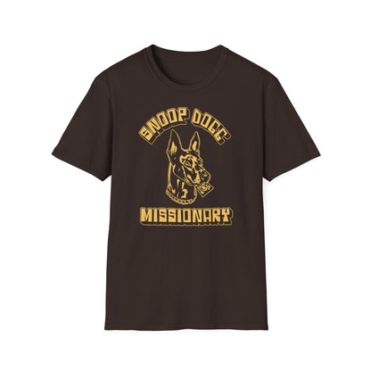 Brown t-shirt with logo featuring a dog holding a condom and "MISSIONARY" text.