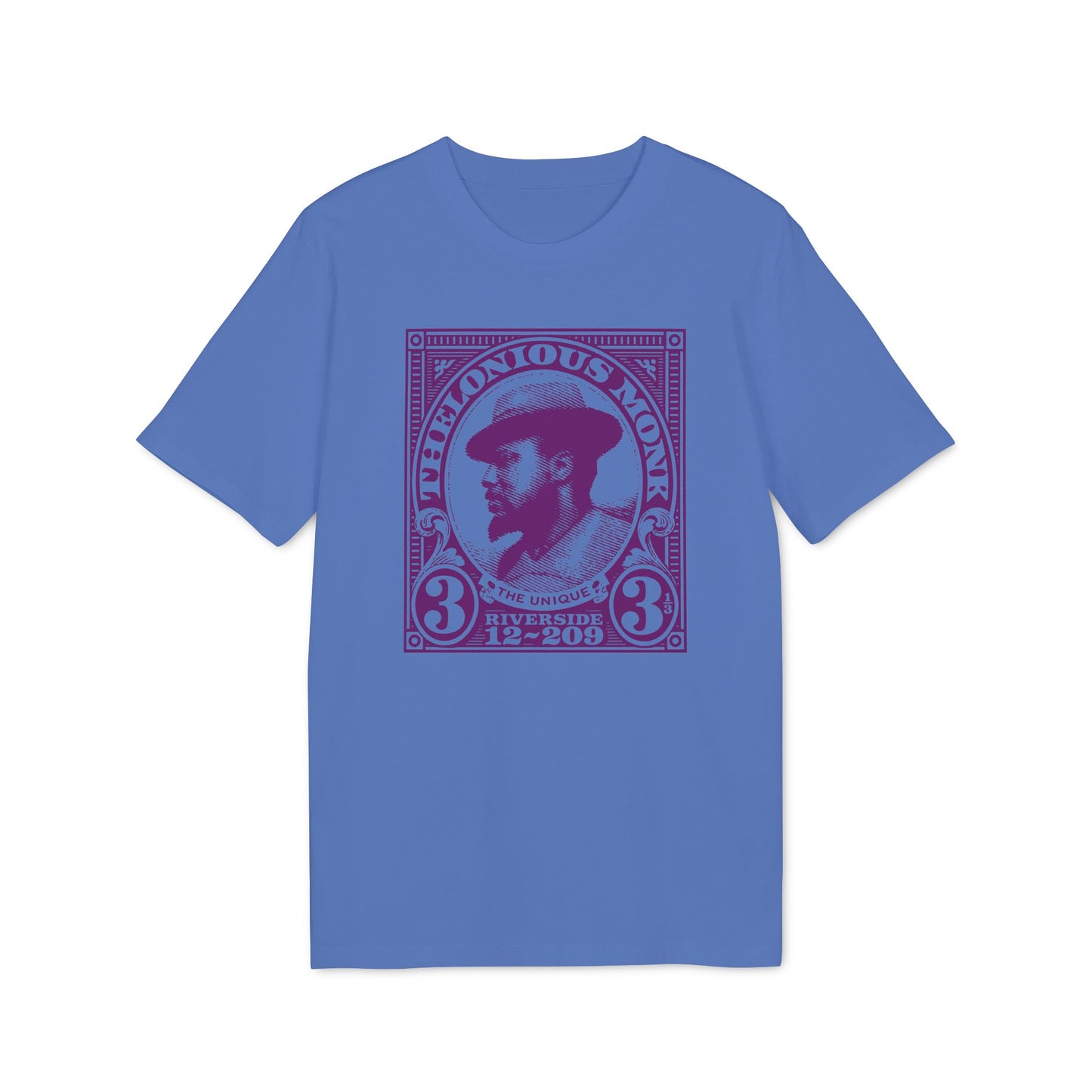 Thelonious Monk portrait stamp graphic on a blue t-shirt.