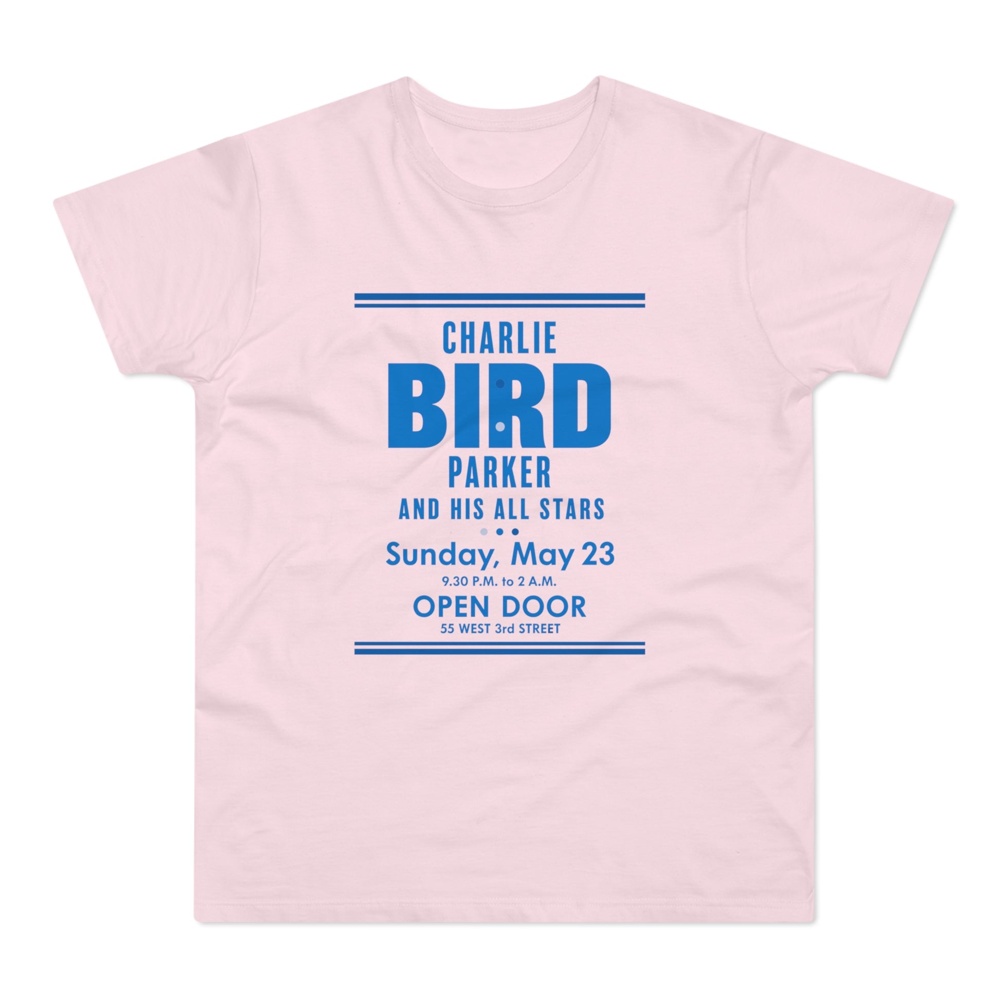 Light pink t-shirt with Charlie Bird Parker and His All Stars text.