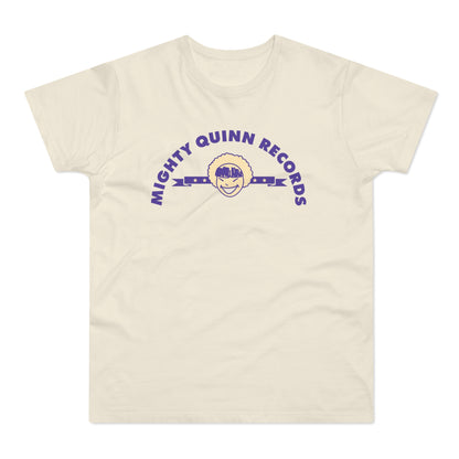 Cream t-shirt with purple "Mighty Quinn Records" text and cartoon face.