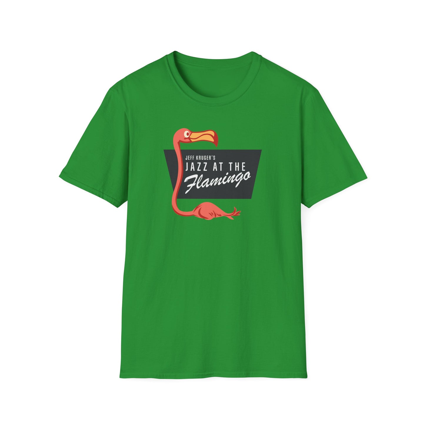 Green t-shirt with a pink flamingo and "Jeff Kruger's Jazz At The Flamingo" text.