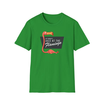 Green t-shirt with a pink flamingo and "Jeff Kruger's Jazz At The Flamingo" text.