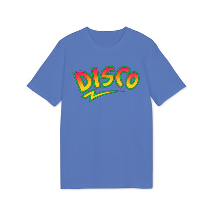 A blue crewneck short-sleeve t-shirt with the word DISCO printed in colorful retro lettering on the chest.