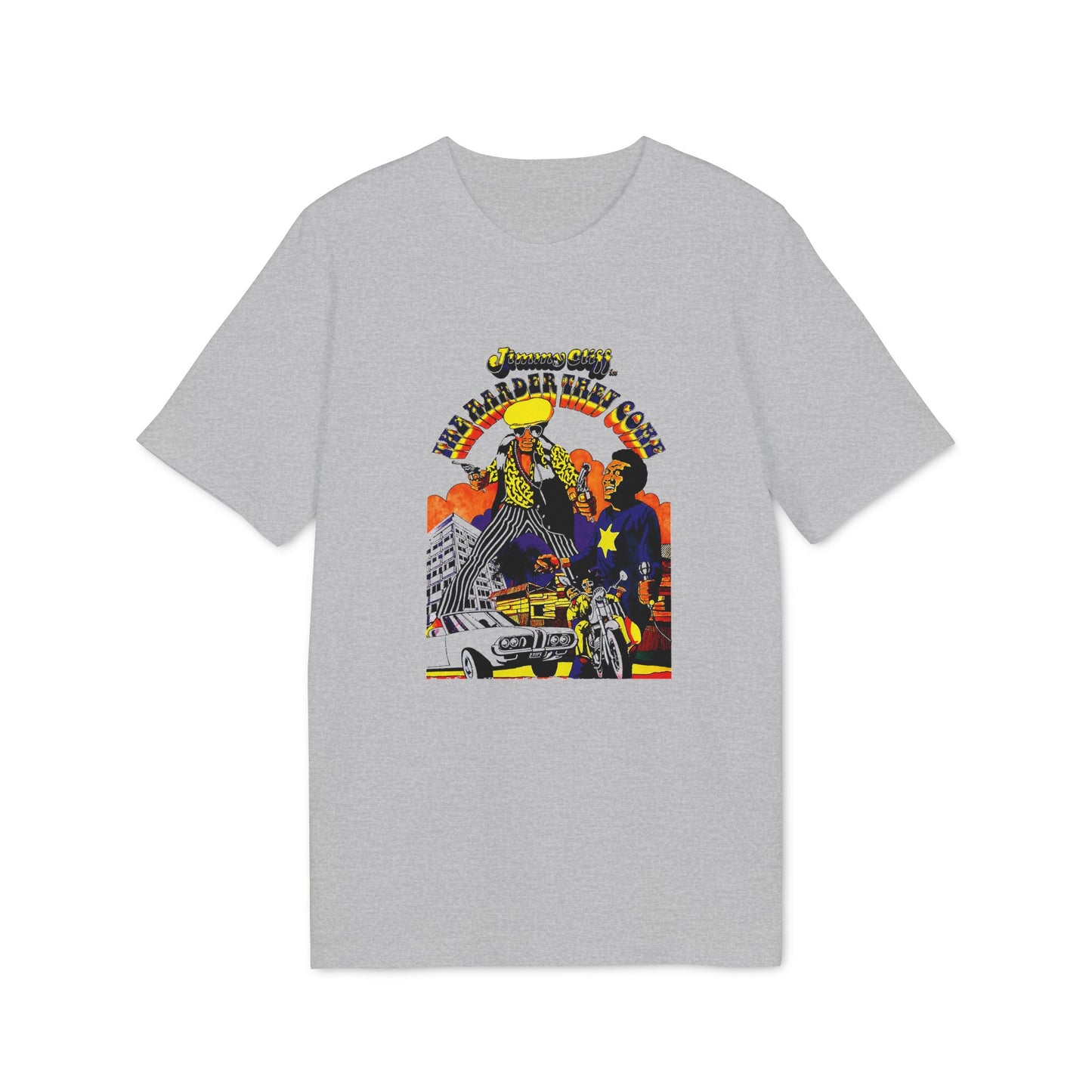 Jimmy Cliff "The Harder They Come" graphic with two figures, car, and motorcycle.