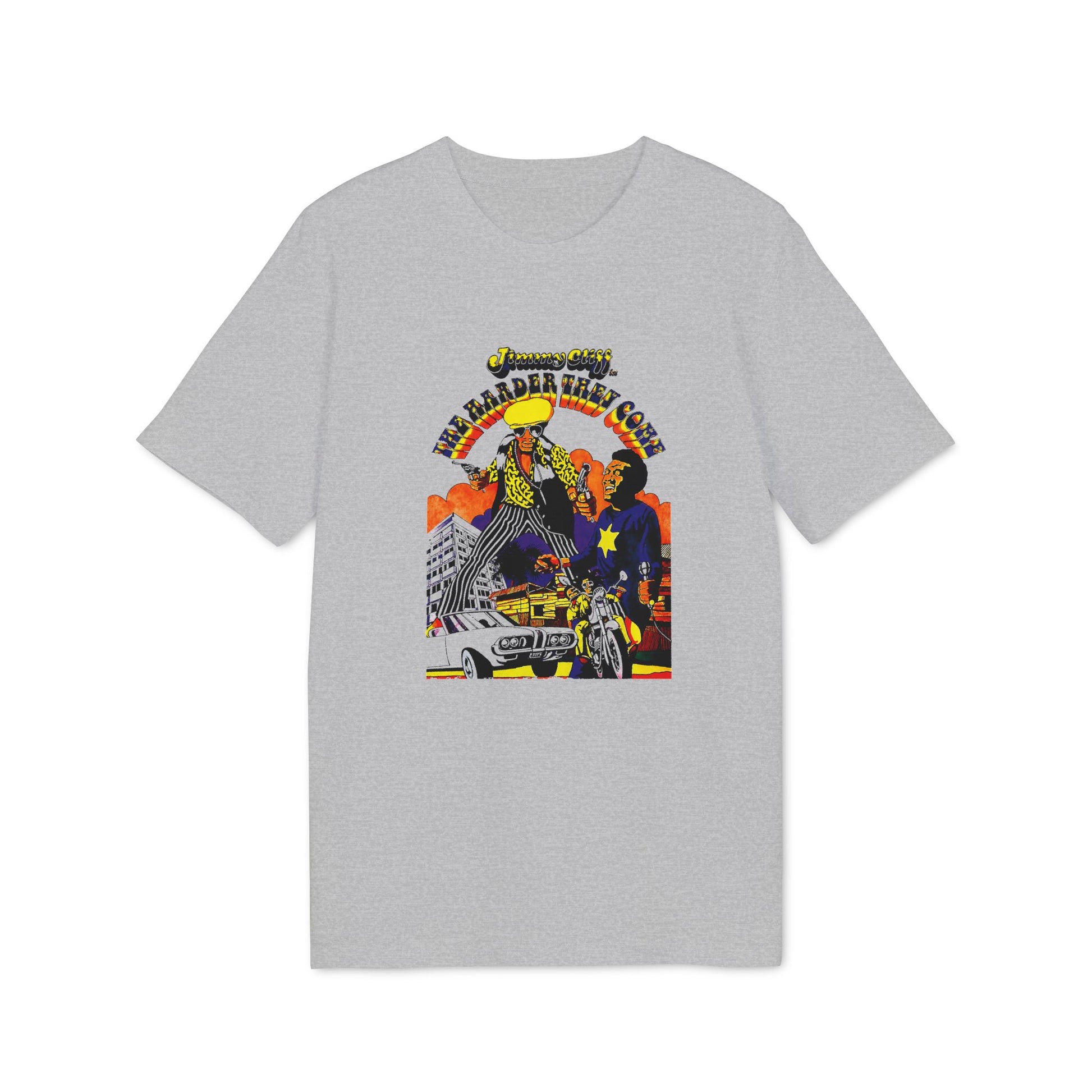 Jimmy Cliff "The Harder They Come" graphic with two figures, car, and motorcycle.