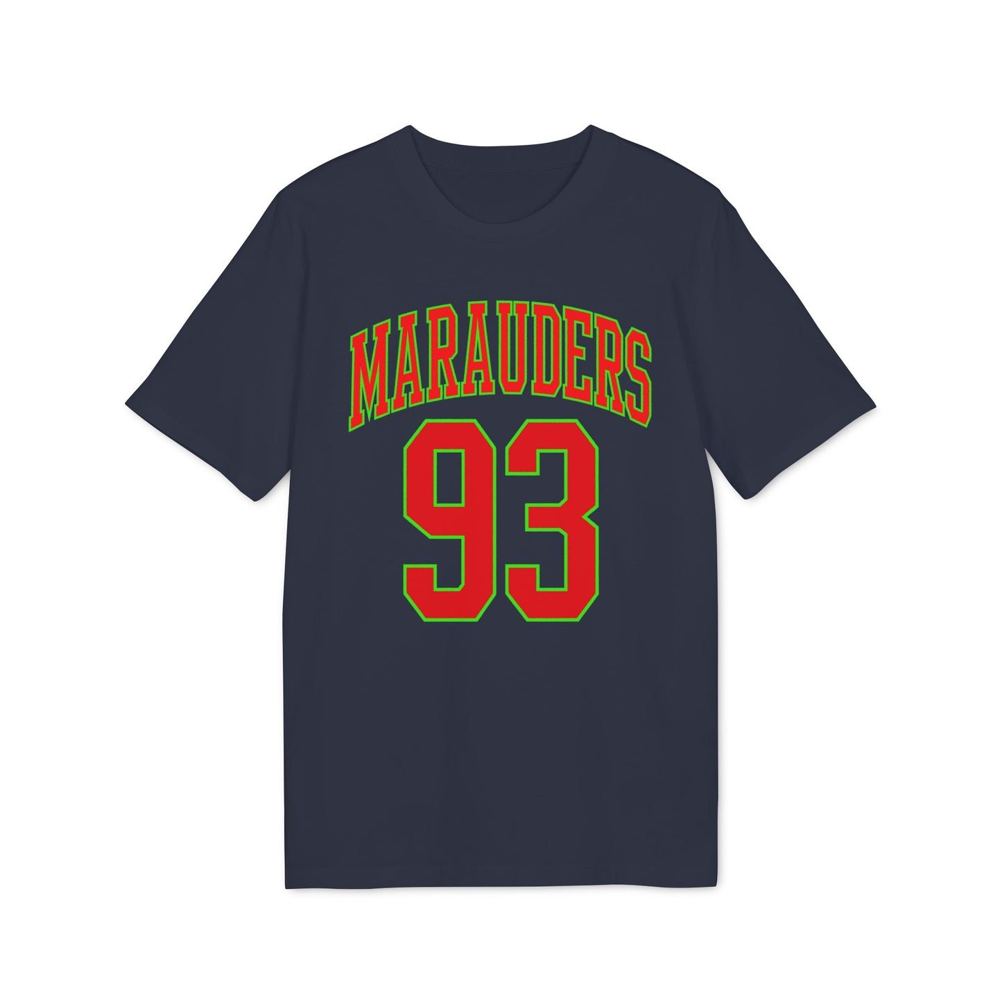 Navy t-shirt with "Marauders" and "93" printed in red and green text.