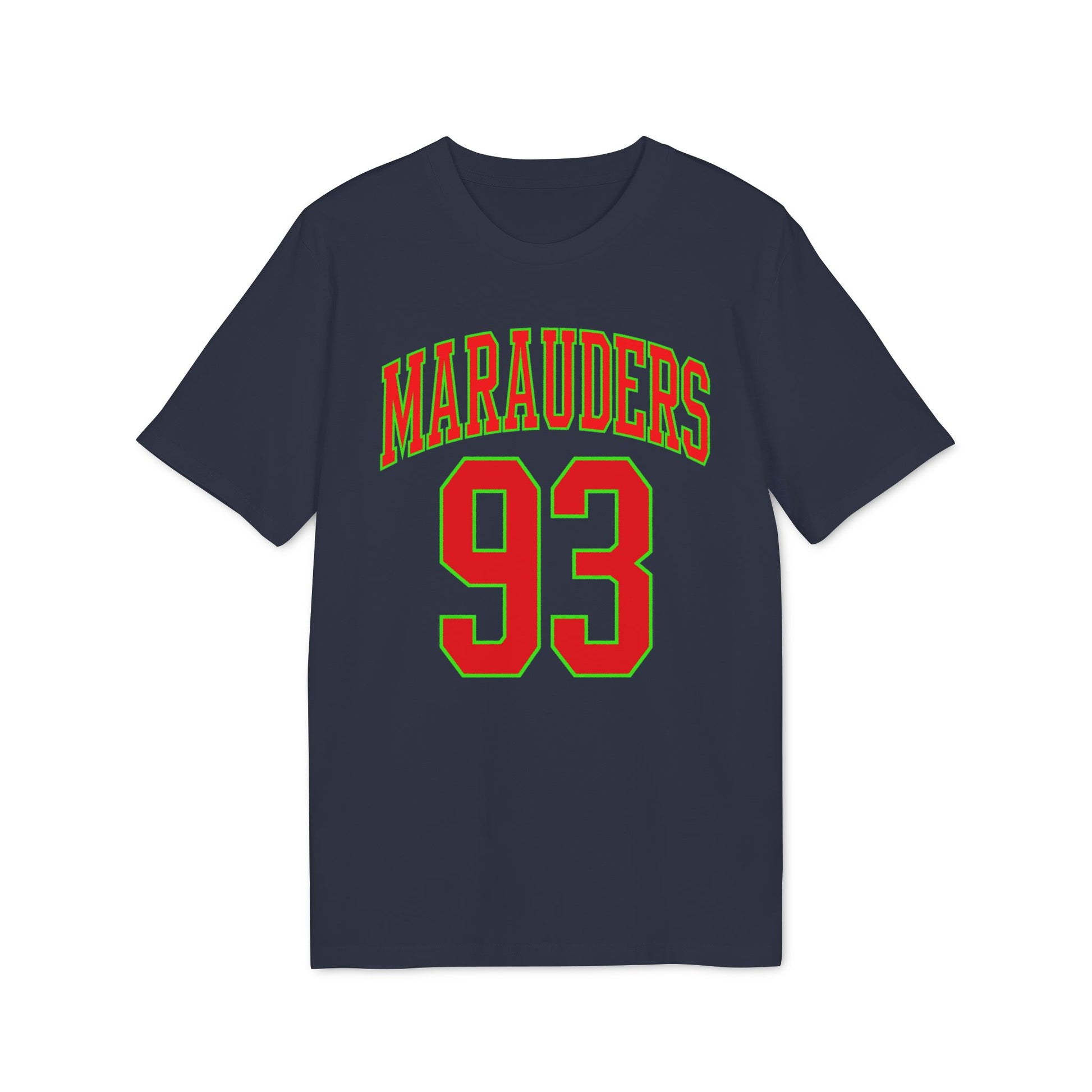 Navy t-shirt with "Marauders" and "93" printed in red and green text.