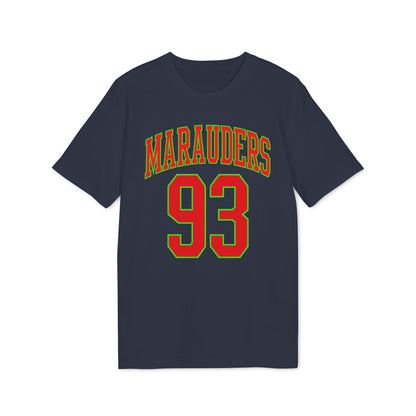 Navy t-shirt with "Marauders" and "93" printed in red and green text.