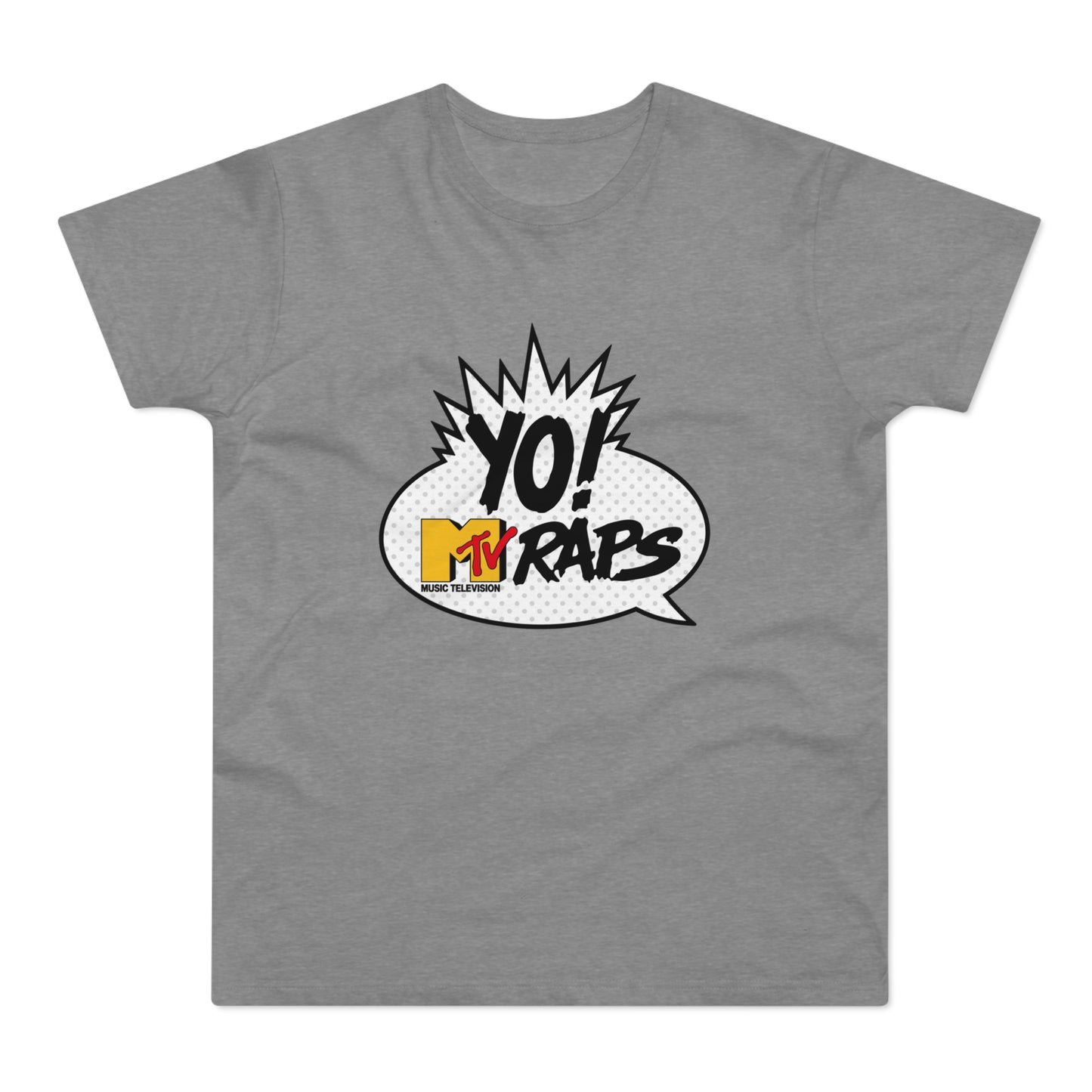 Grey t-shirt with Yo! MTV Raps logo in a speech bubble.