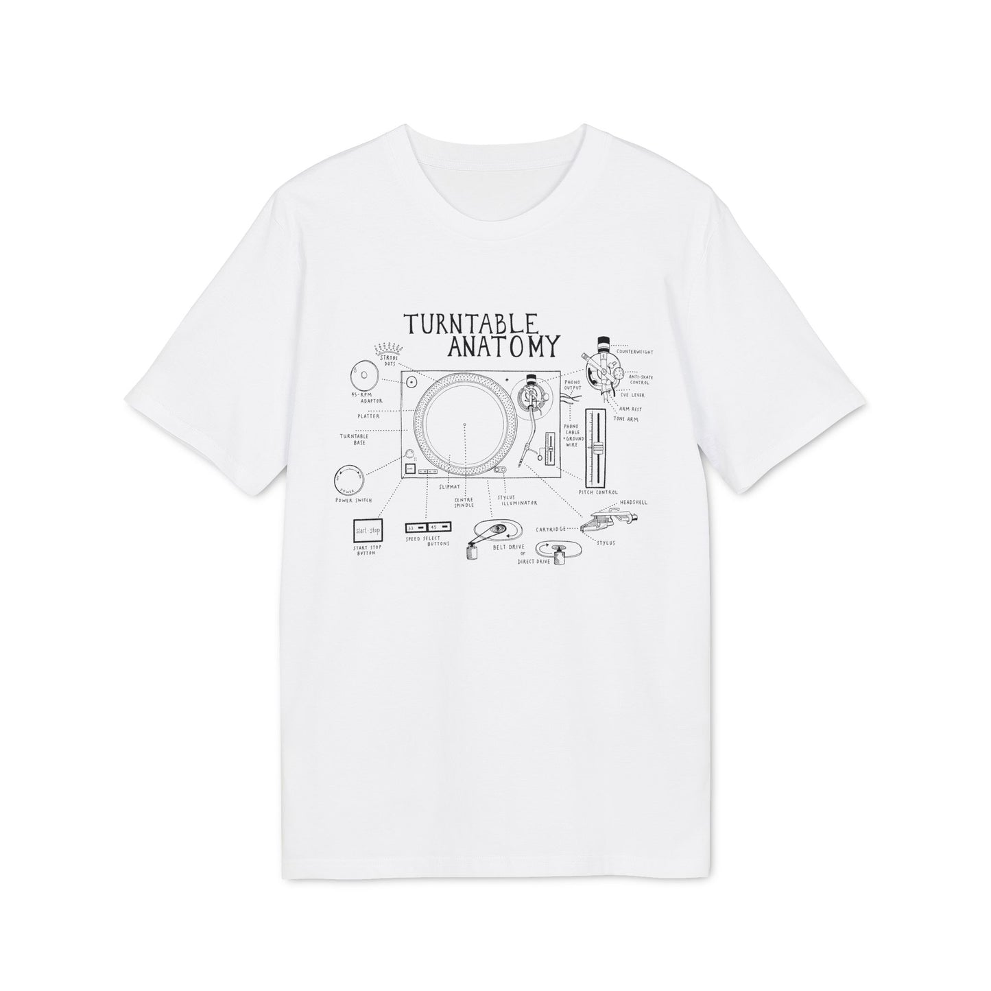 Turntable anatomy diagram on a white t-shirt, labeling key components of a record player.