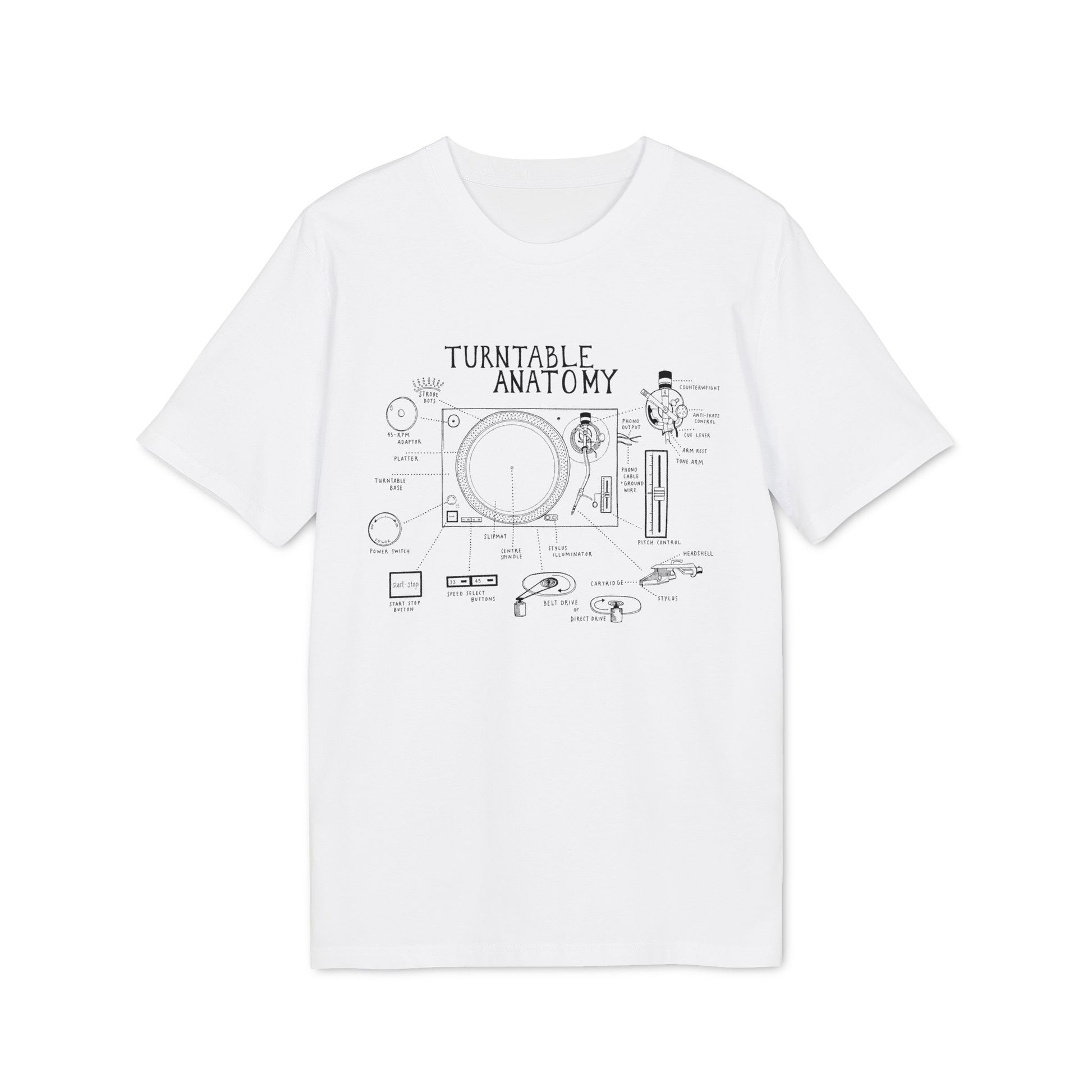 Turntable anatomy diagram on a white t-shirt, labeling key components of a record player.
