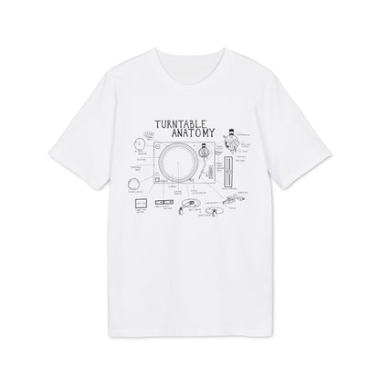 Turntable anatomy diagram on a white t-shirt, labeling key components of a record player.