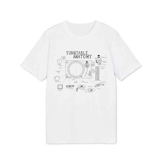 Turntable anatomy diagram on a white t-shirt, labeling key components of a record player.