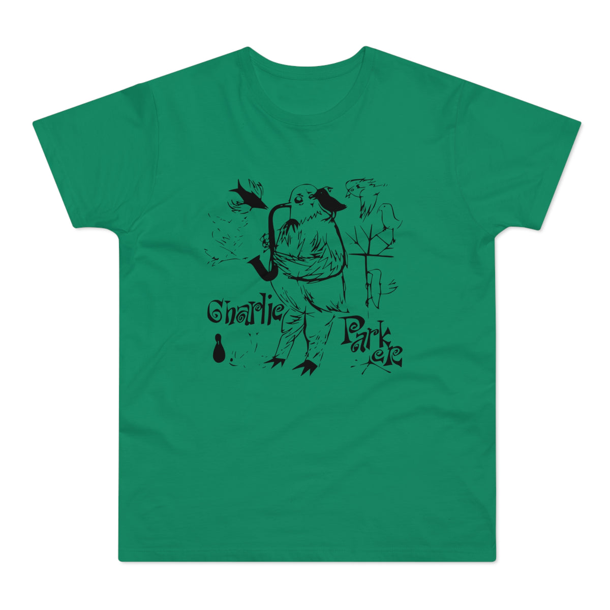 T-shirt with a black graphic of a bird playing a saxophone and text "Charlie Parker".