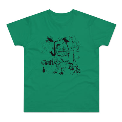 T-shirt with a black graphic of a bird playing a saxophone and text "Charlie Parker".