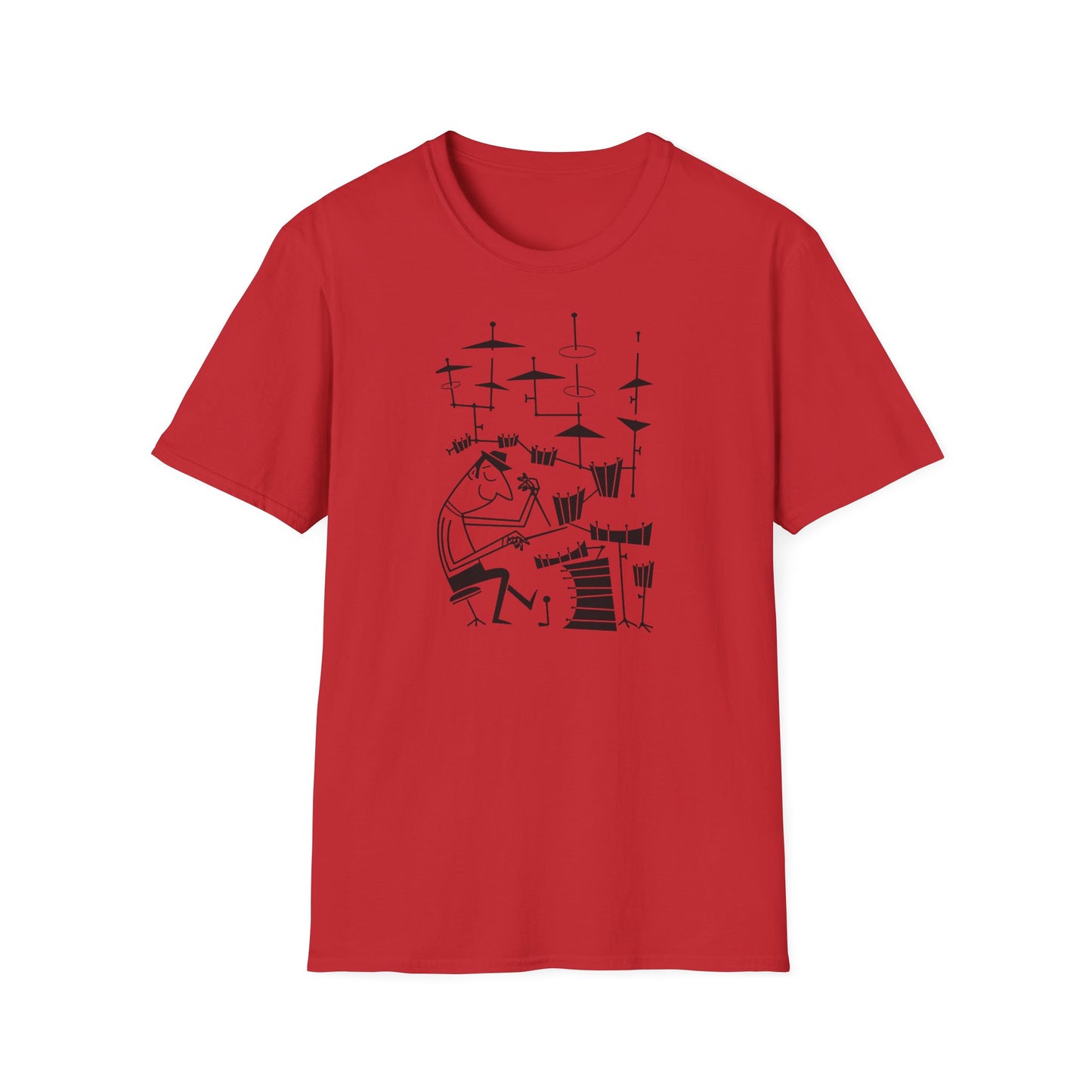 Red t-shirt with a black line drawing of a stylized drummer playing a drum set.